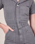 Short Sleeve Jumpsuit in Washed Grey front close up on Alex