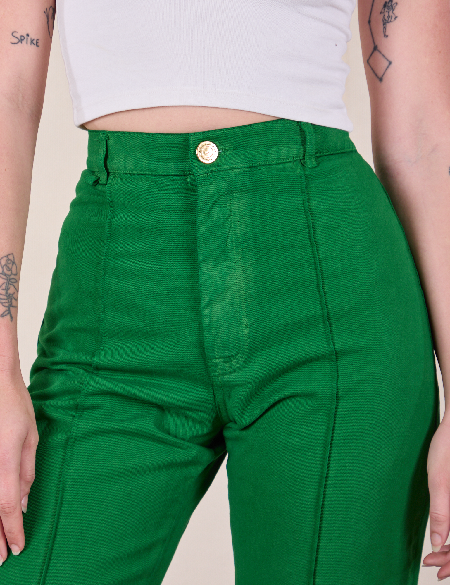 Western Pants in Forest Green front close up on Alex