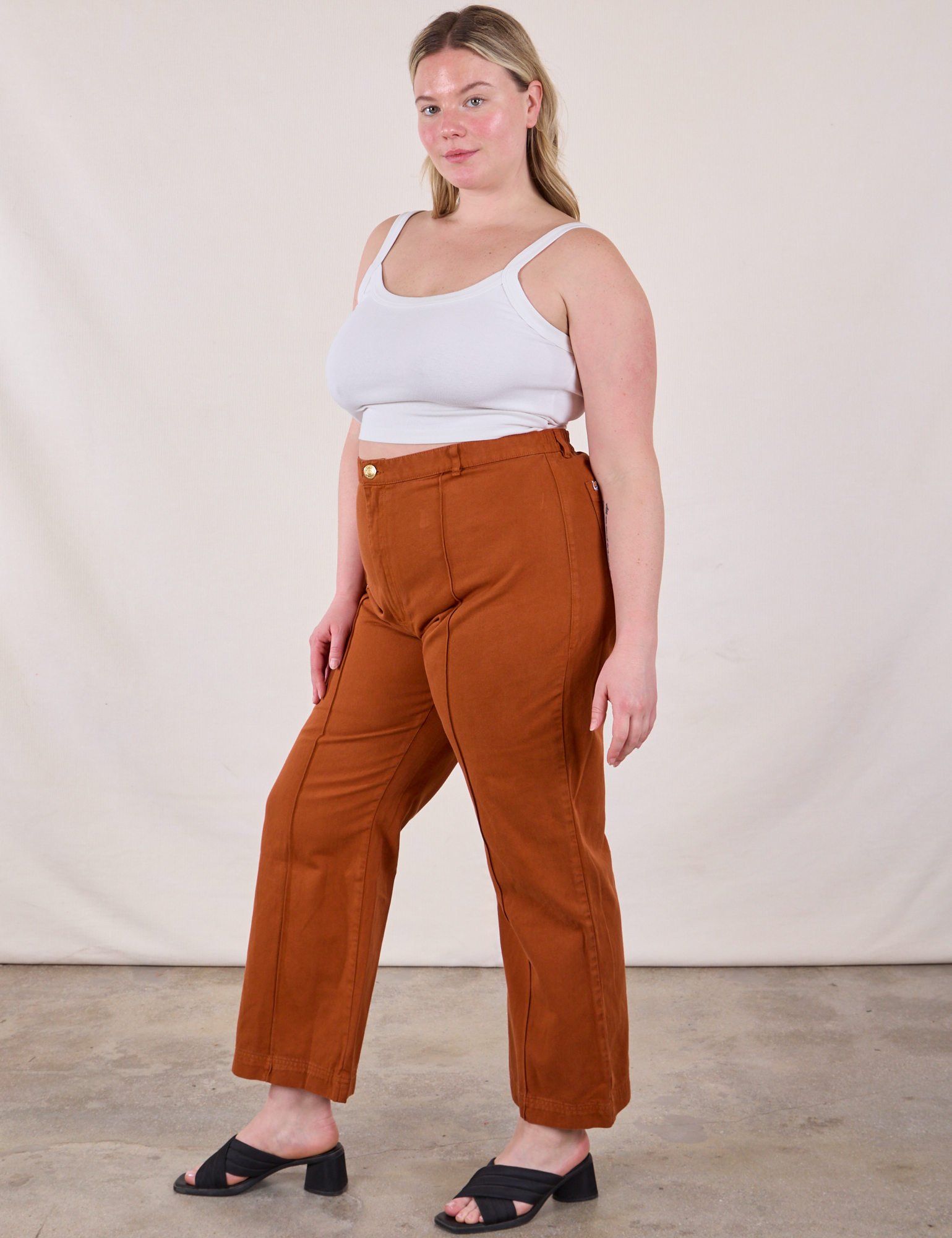 Side view of Western Pants in Burnt Terracotta and Cami in Vintage Tee Off-White on Lish