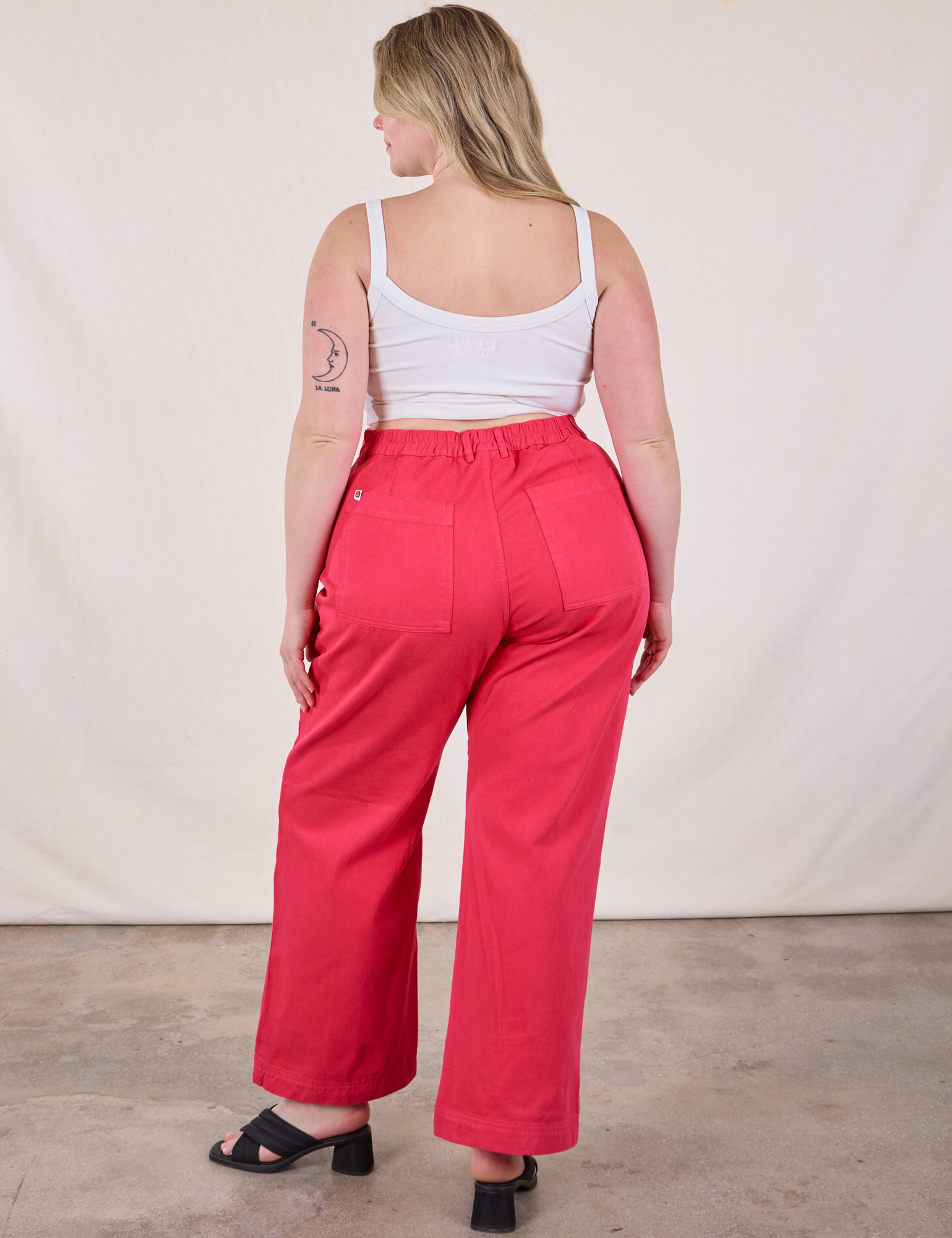 Back view of Western Pants in Hot Pink and Cropped Cami in Vintage Tee Off-White