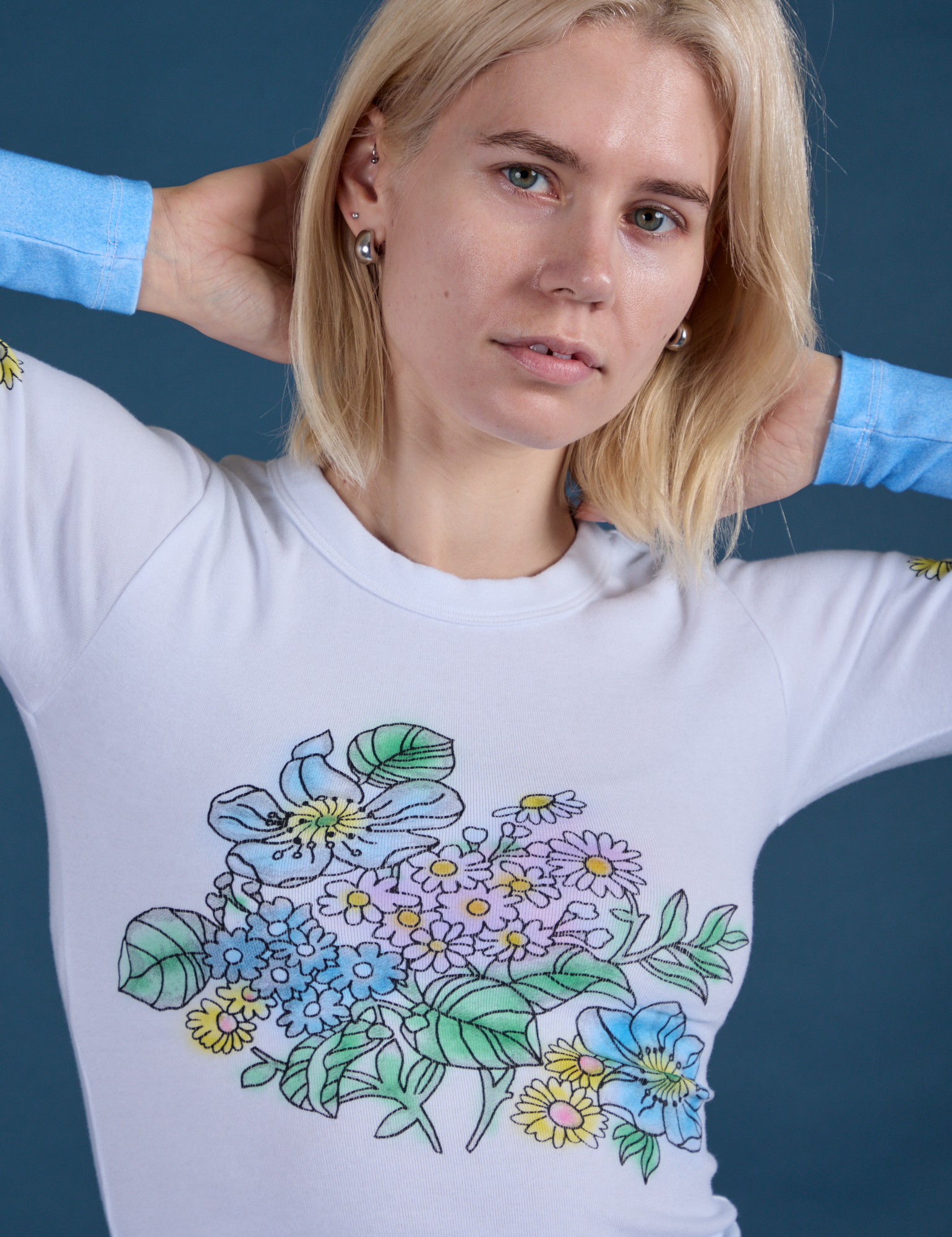 Floral Long Sleeve Baby Tee in Baby Blue front close up on Madeline