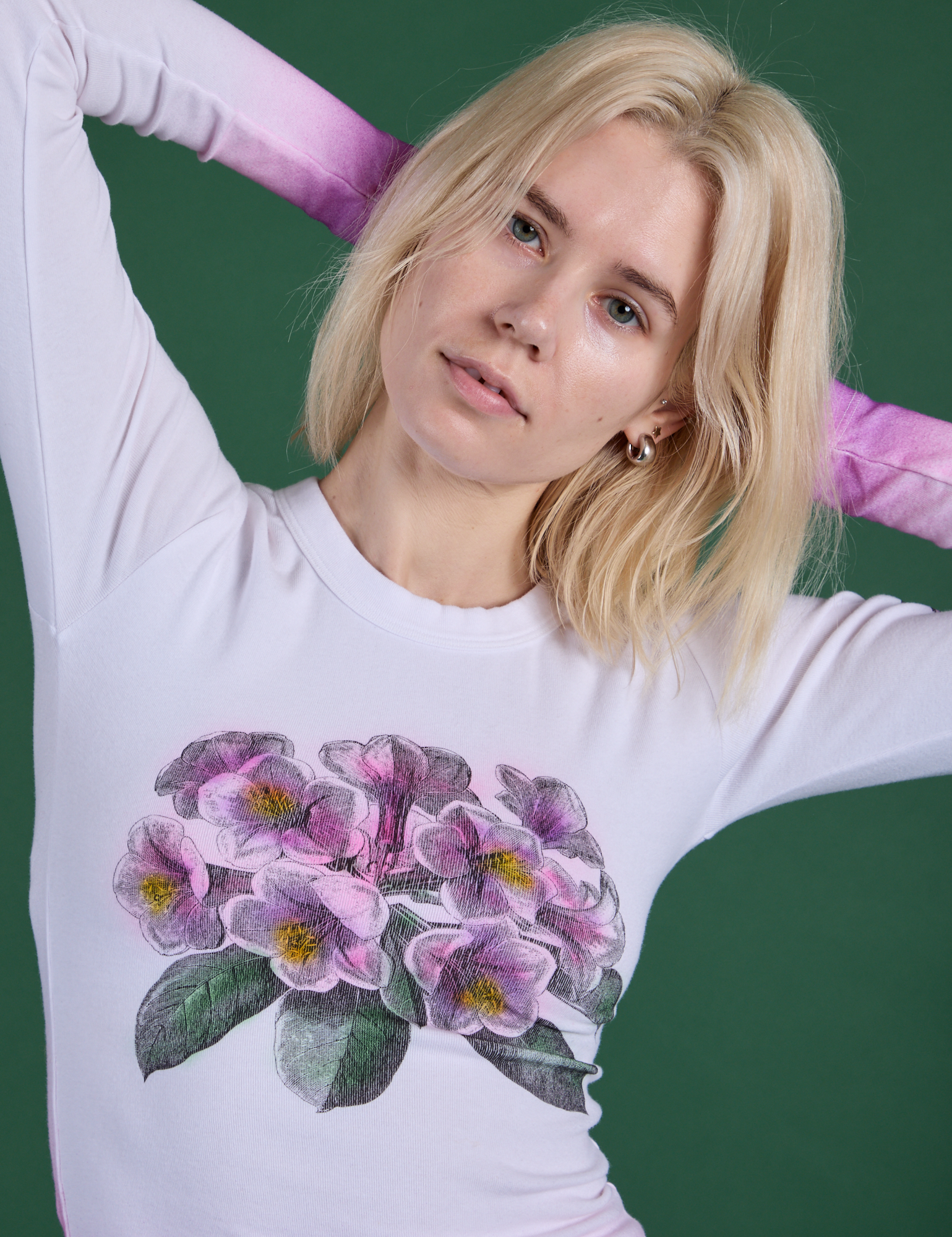 Front close up of Floral Long Sleeve Baby Tee in Pink on Madeline