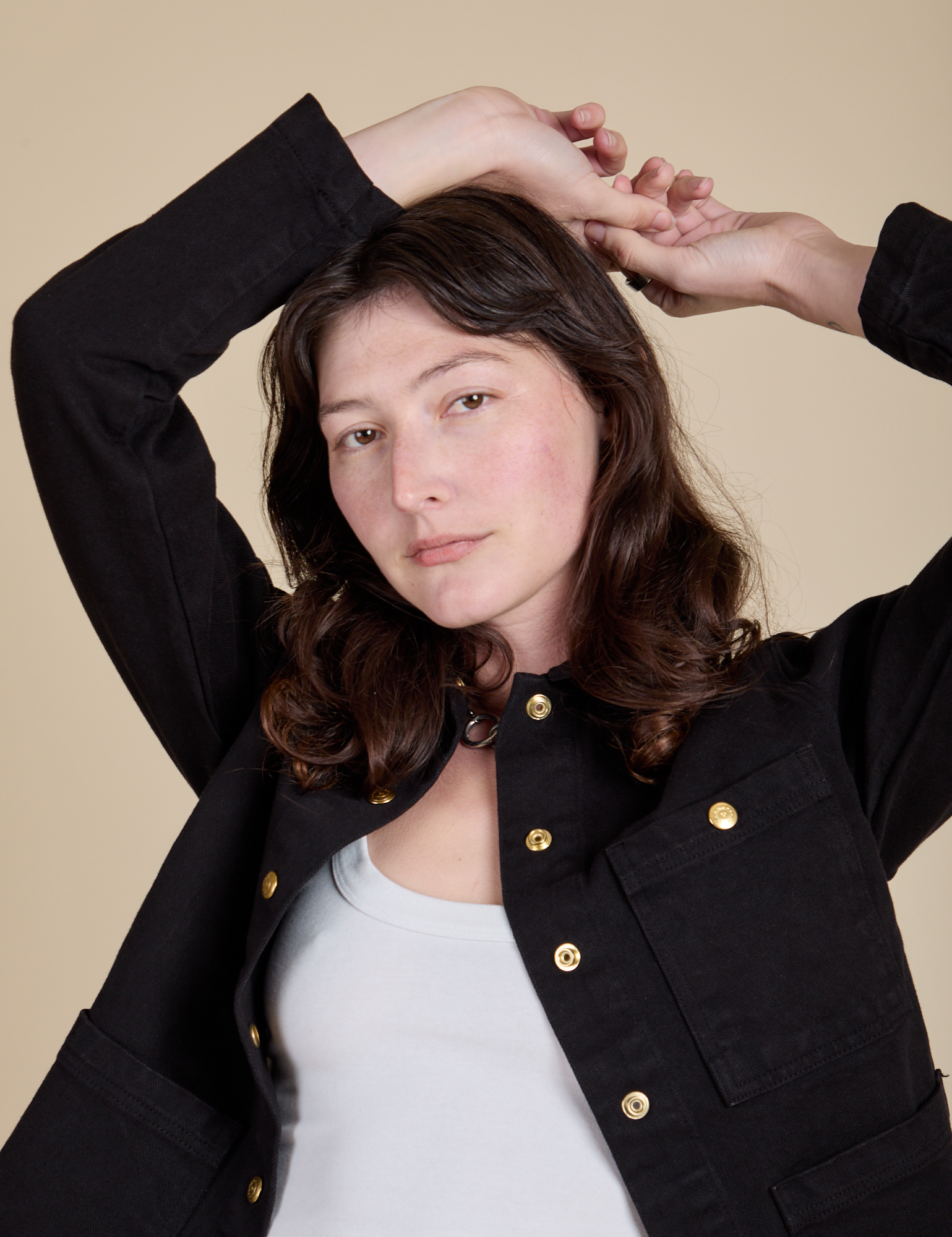 Work Jacket in Basic Black close up on Alex