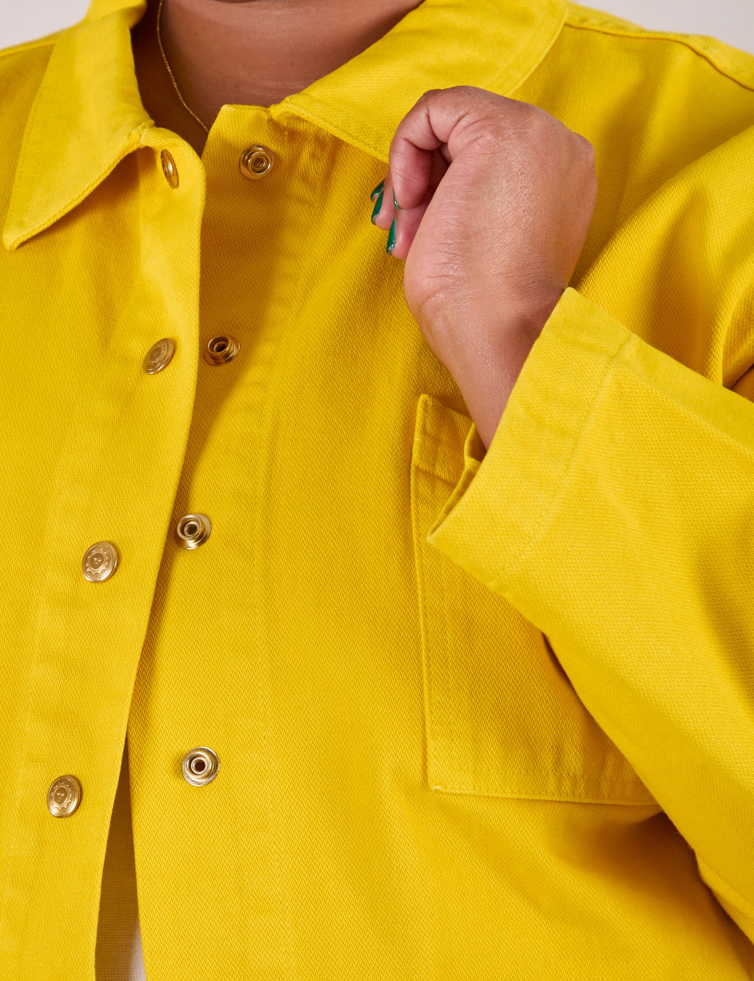 Denim Work Jacket in Golden Yellow front close up on Morgan