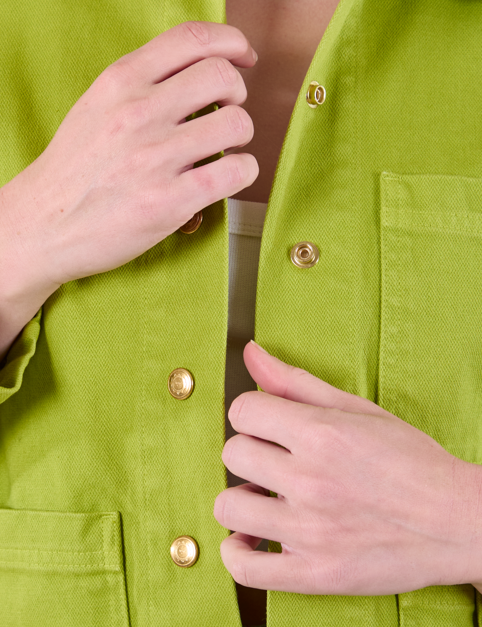 Denim Work Jacket in Gross Green front close up on Alex