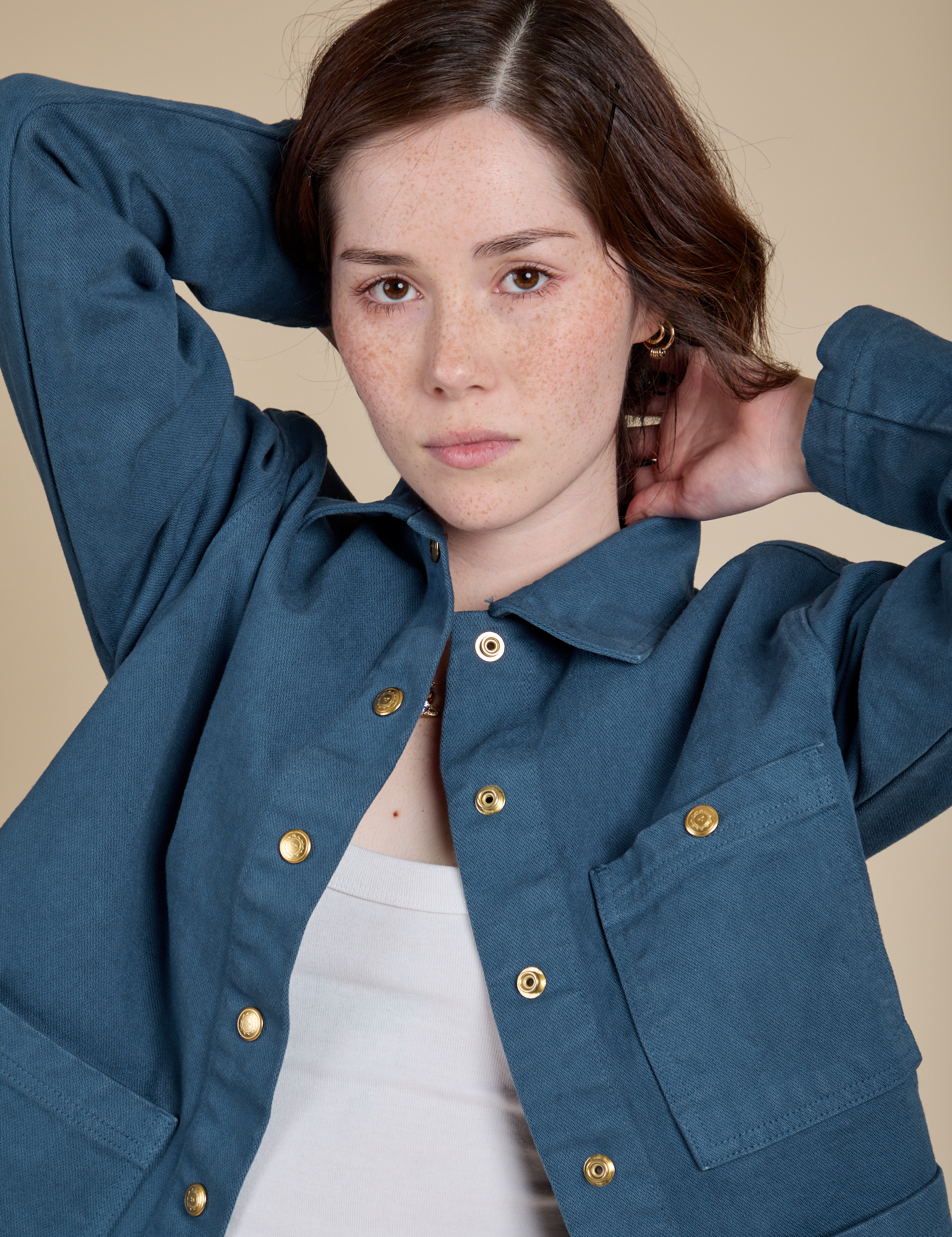 Denim Work Jacket in French Blue close up on Hana