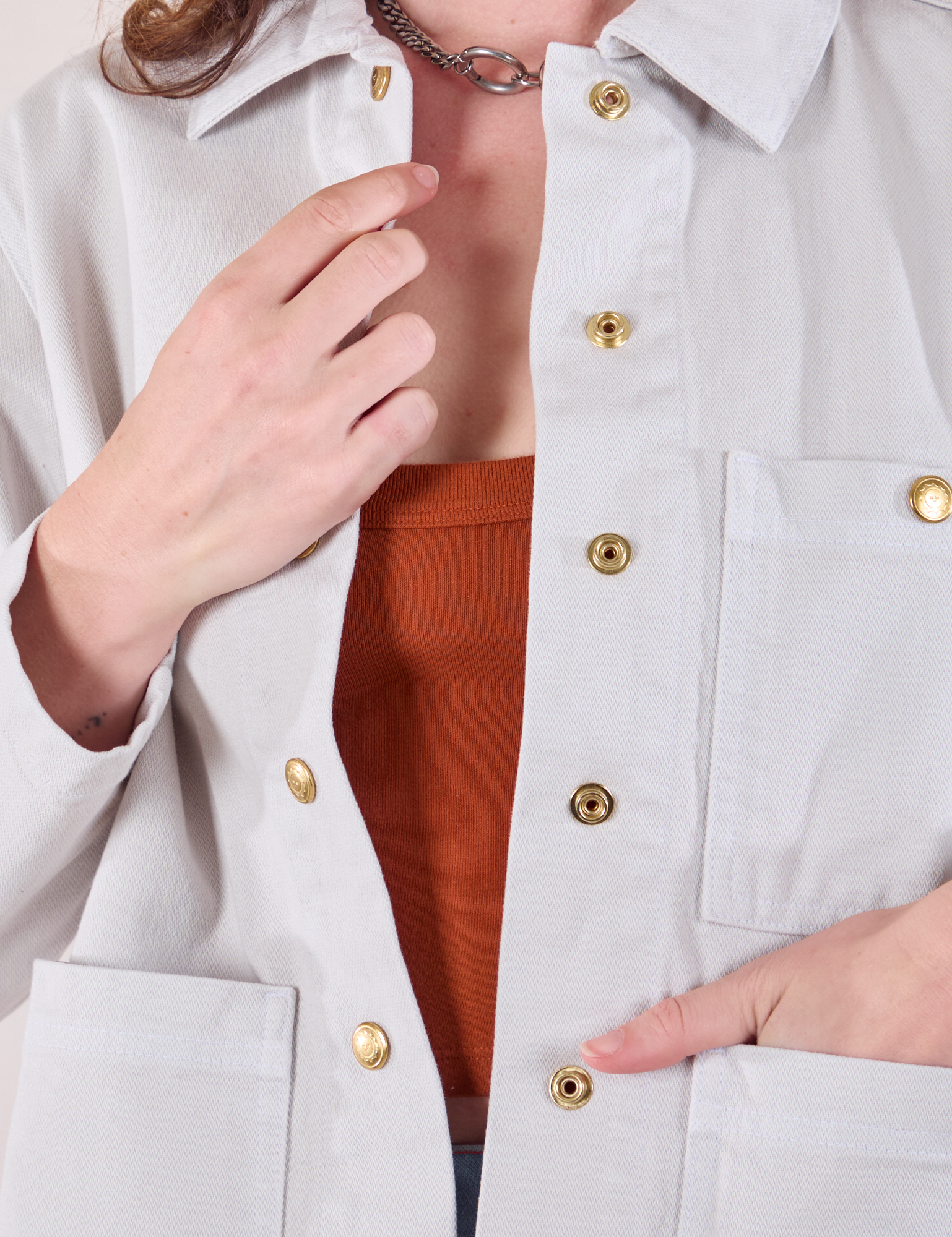 Denim Work Jacket in Stone White front close up on Alex