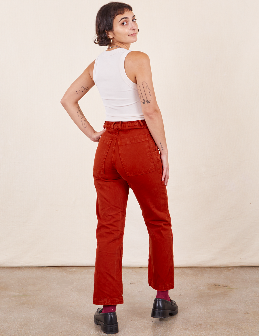 Work Pants in Paprika back view on Soraya wearing a vintage off-white Tank Top