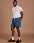 Angled front view of  Classic Work Shorts in French Blue and Organic Vintage Tee in Vintage Off-White