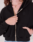 Cropped Zip Hoodie in Basic Black front close up on Alex