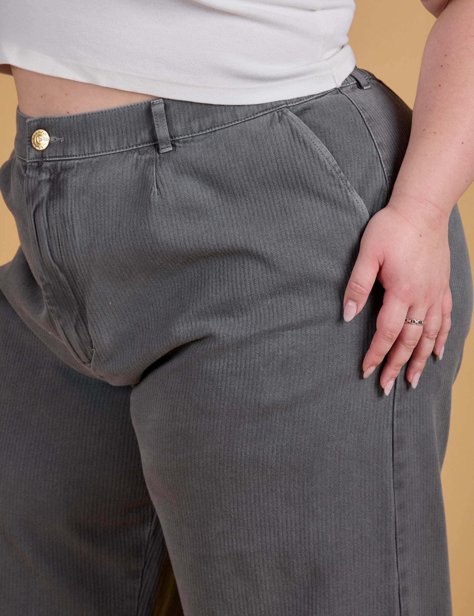 Side close up of Heritage Wide Leg Trousers in Washed Grey on Ashley