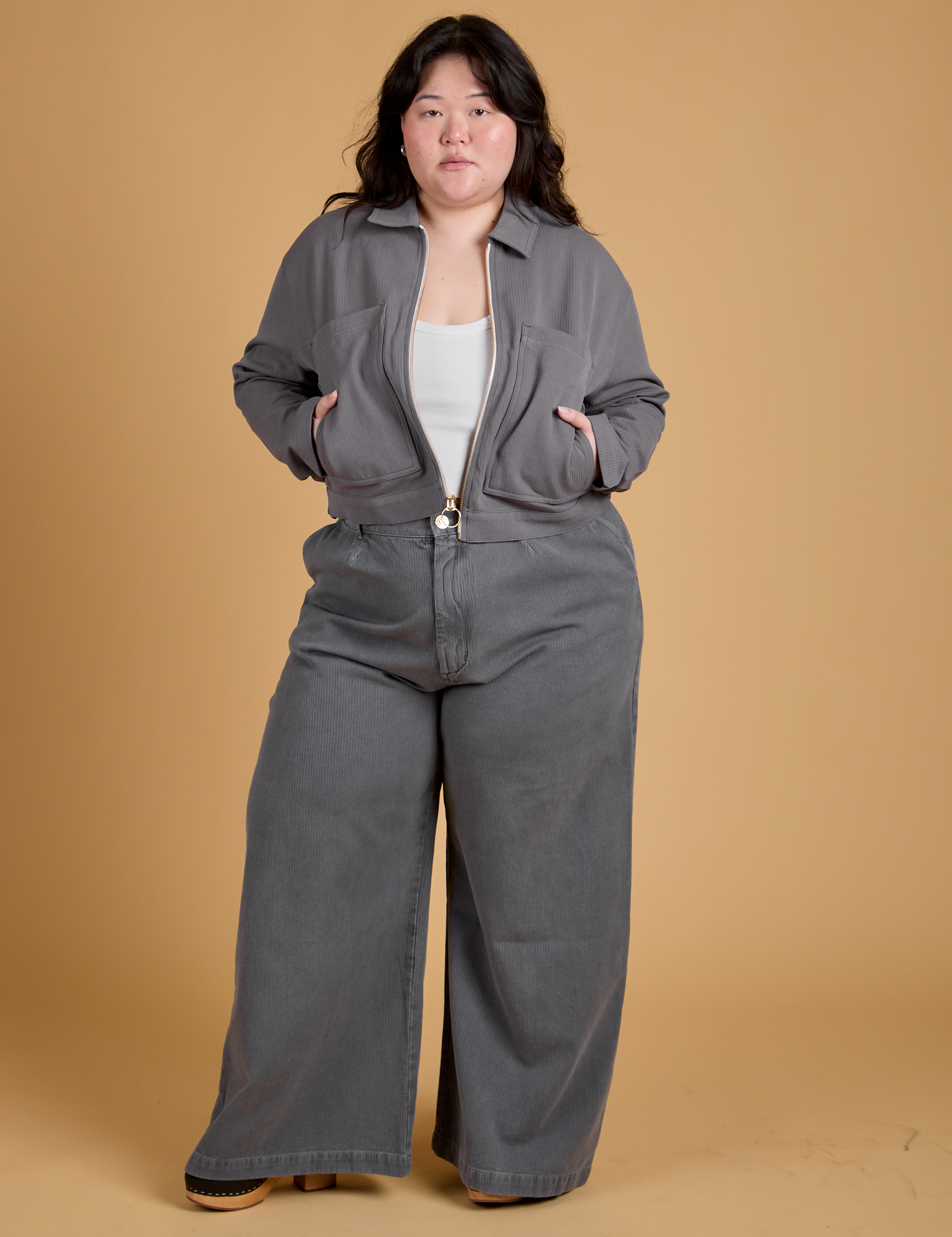 Heritage Mechanic Jacket in Washed Grey and matching Wide Leg Trousers on Ashley