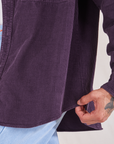 Bottom hem close up of Corduroy Overshirt in Nebula Purple on Jesse