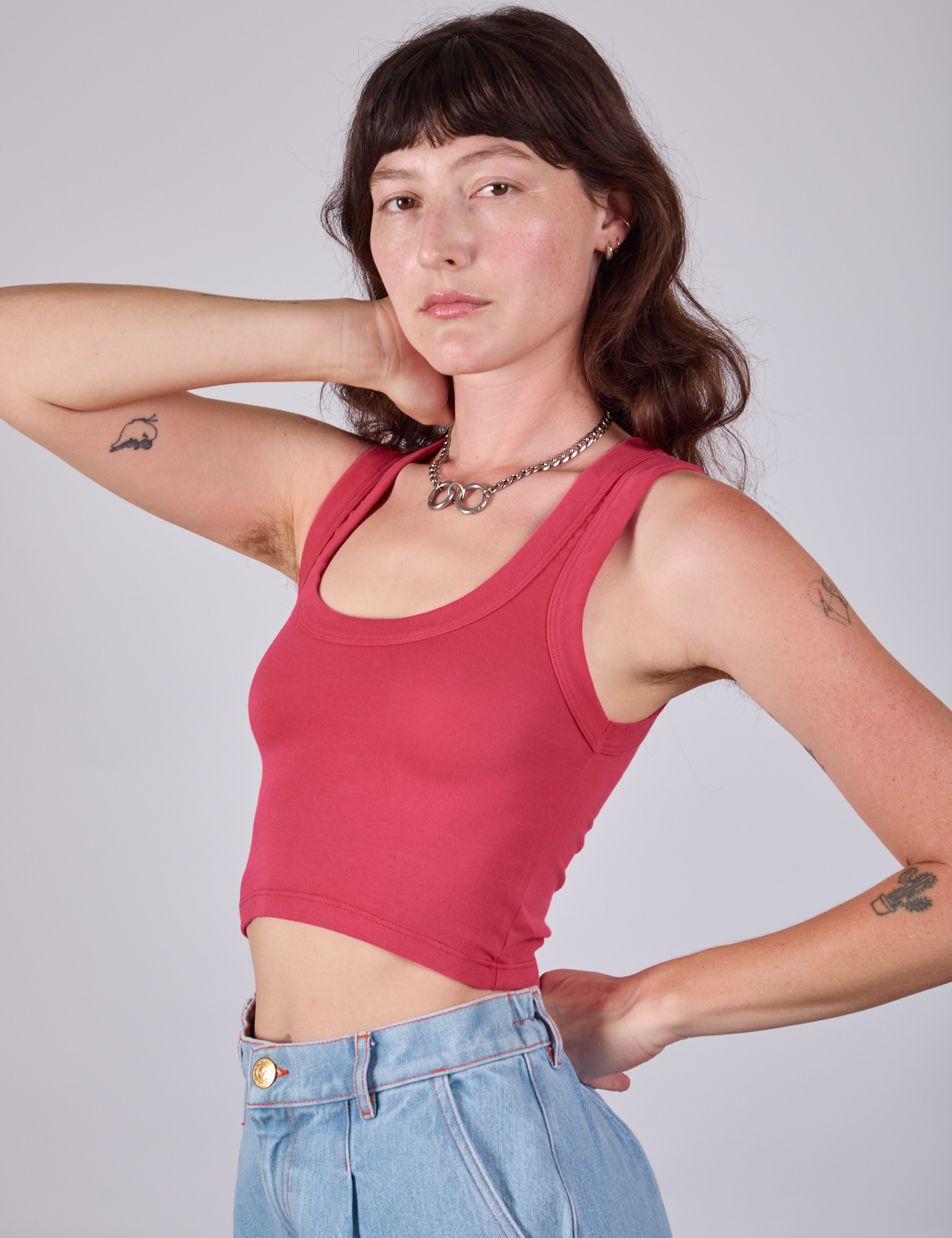 Cropped Tank Top in Hot Pink angled front view on Alex