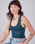 Cropped Tank Top in Lagoon angled front view on Alex
