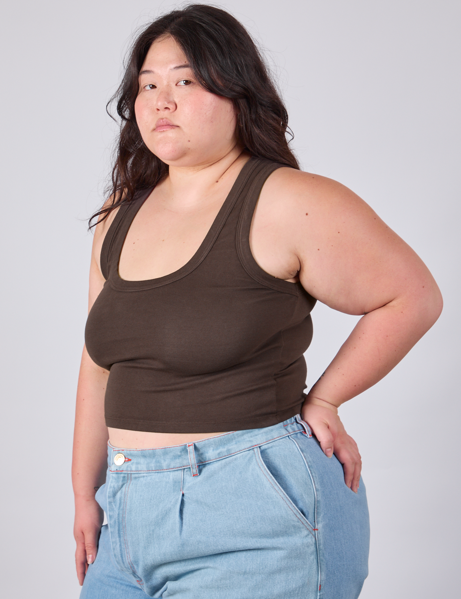 Cropped Tank Top in Espresso Brown angled front view on Ashley
