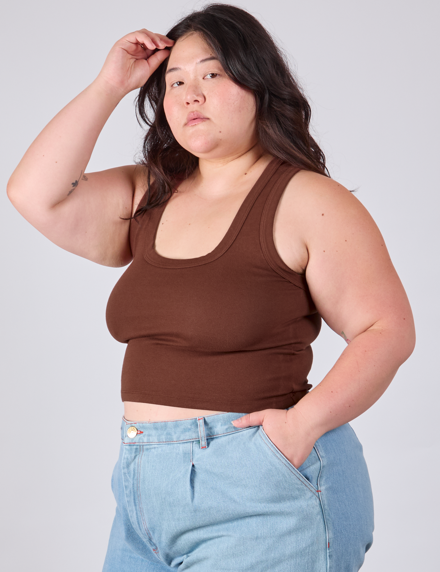 Cropped Tank Top in Fudgesicle Brown angled front view on Ashley