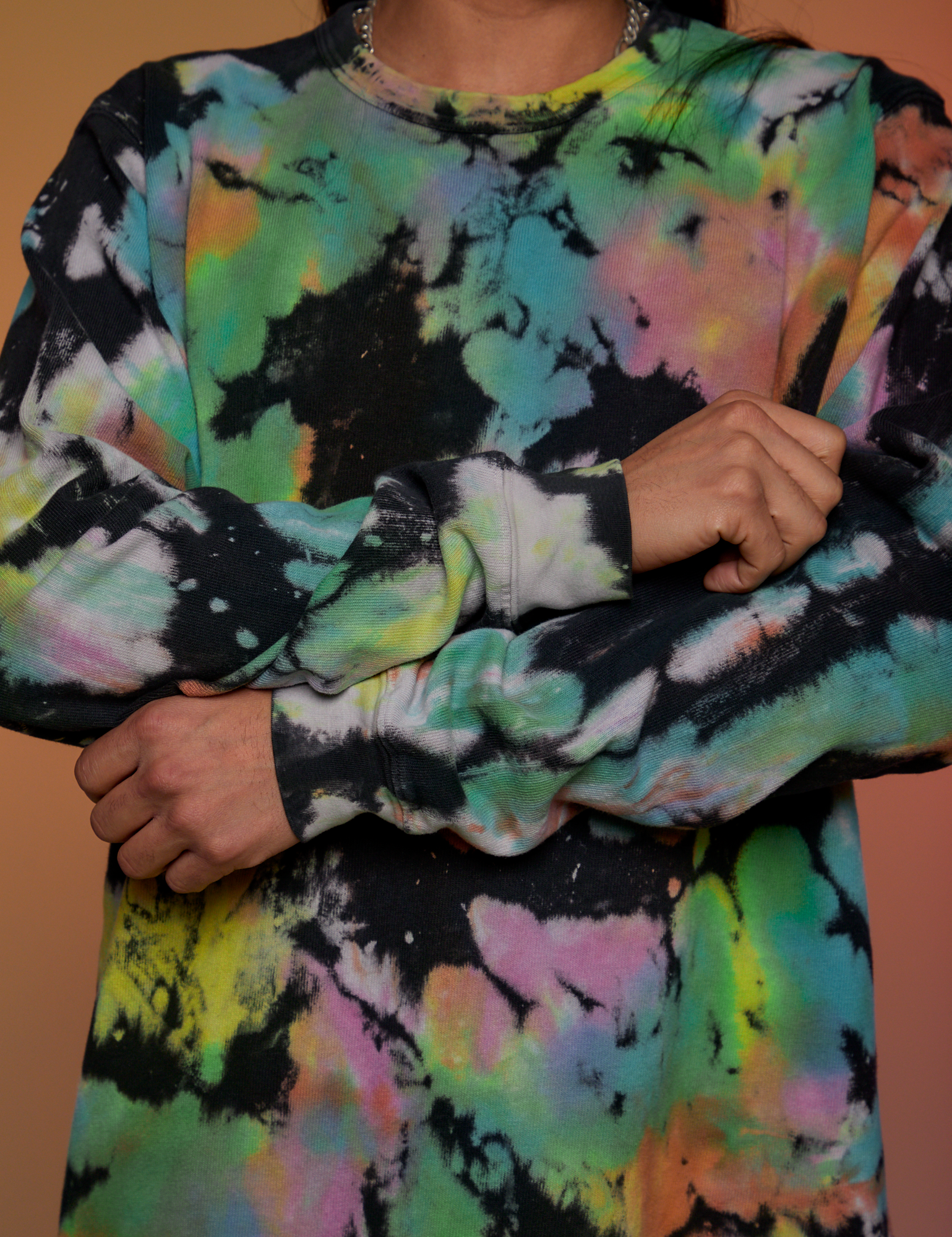 Magic Waters Long Sleeve Burly Tee in Rainbow close up on Anthony