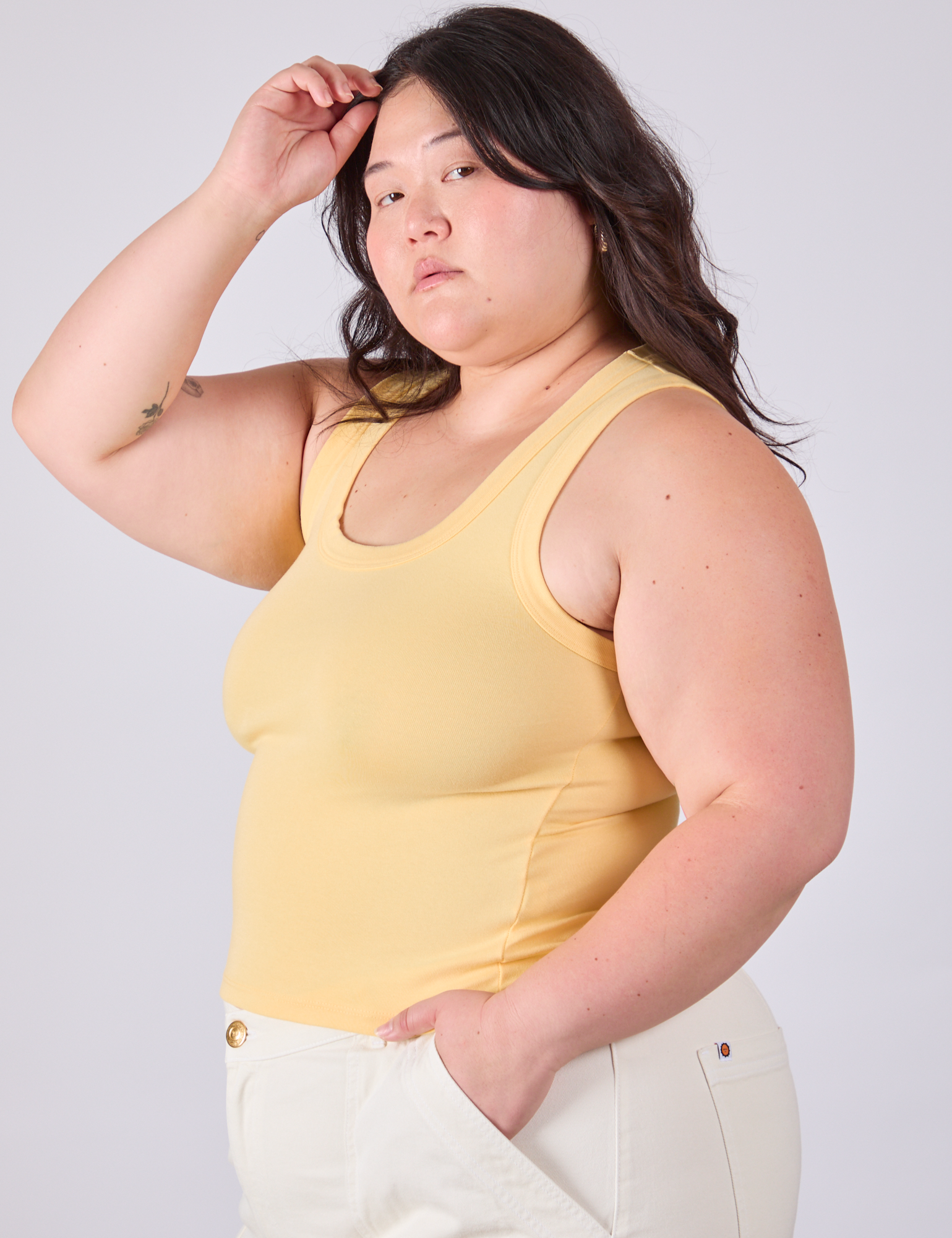 Tank Top in Butter Yellow side view on Ashley