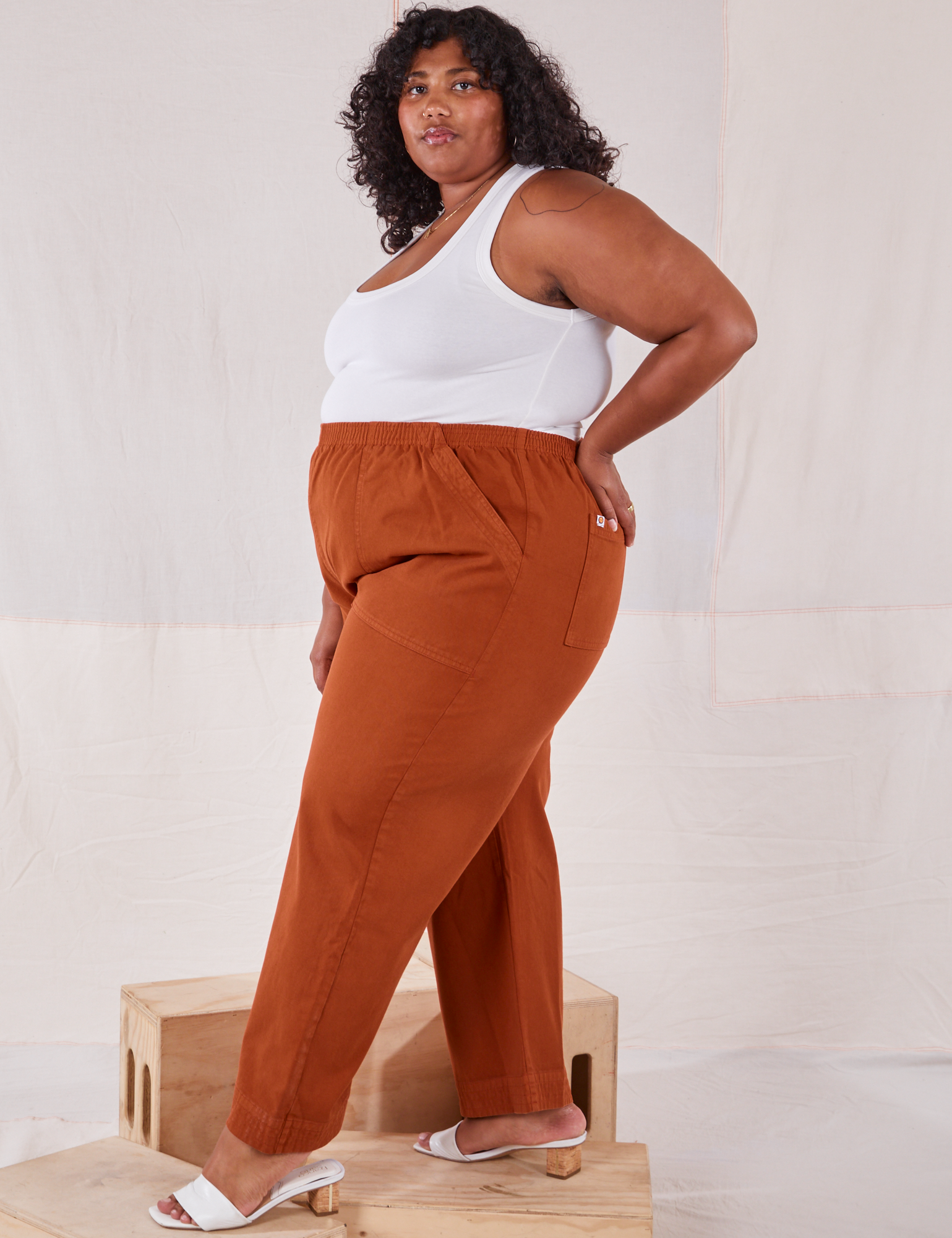 Side view of Action Pants in Burnt Terracotta and Cropped Tank in vintage tee off-white worn by Morgan