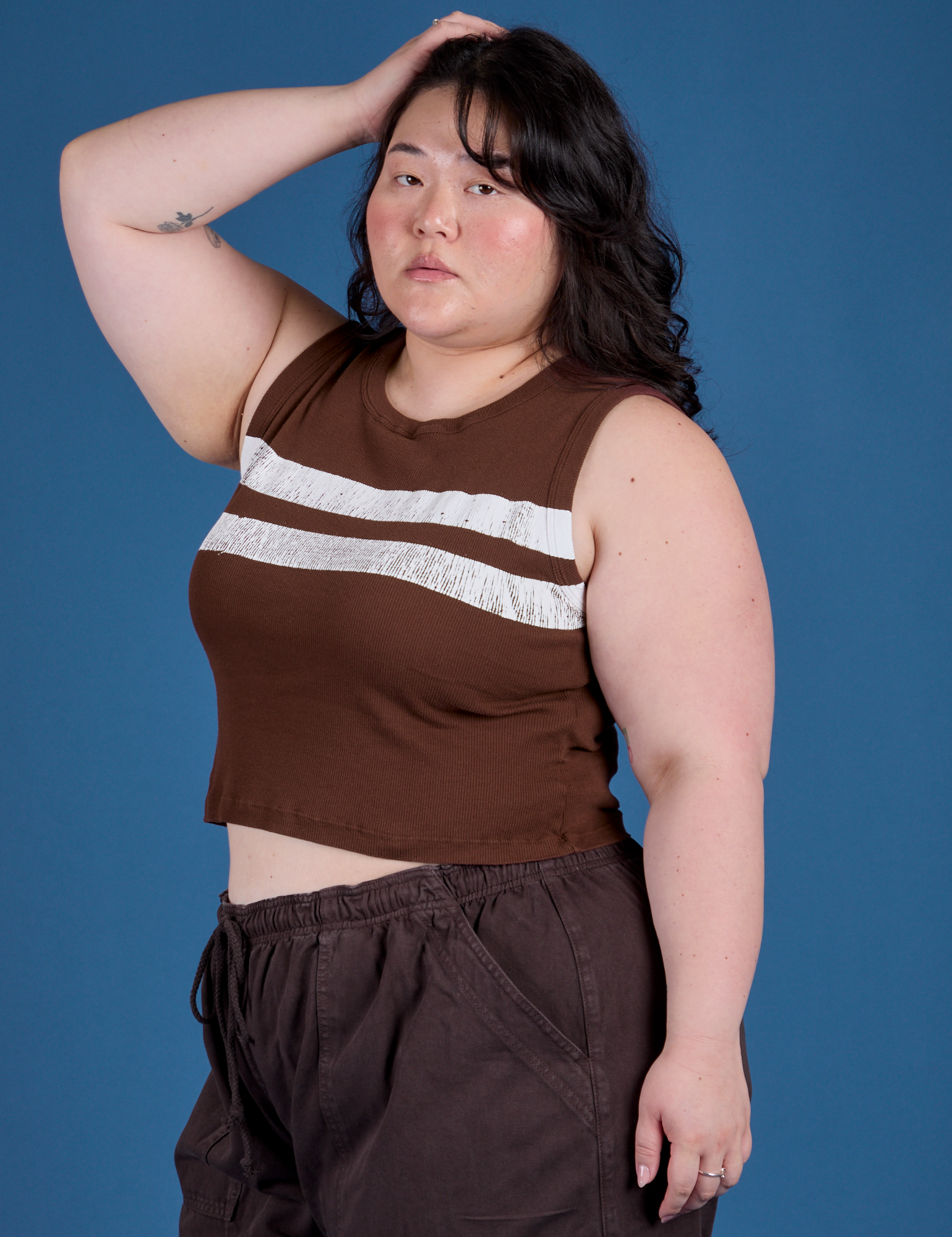 Painted Muscle Tee in Fudgesicle Brown angled front view on Ashley