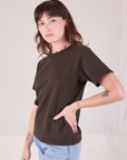 Burly Tee in Espresso Brown angled front view on Alex