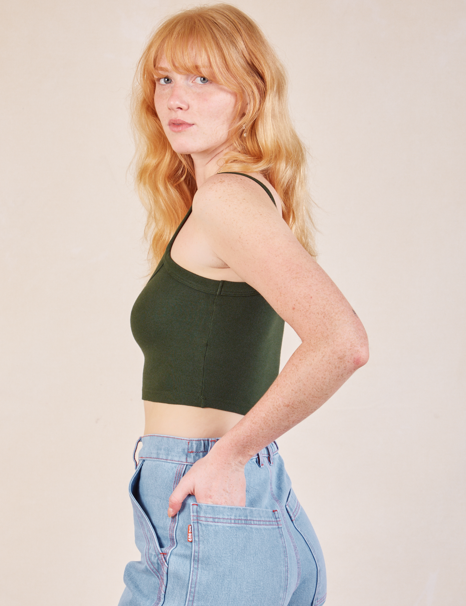 Cropped Cami in Swamp Green side view on Margaret