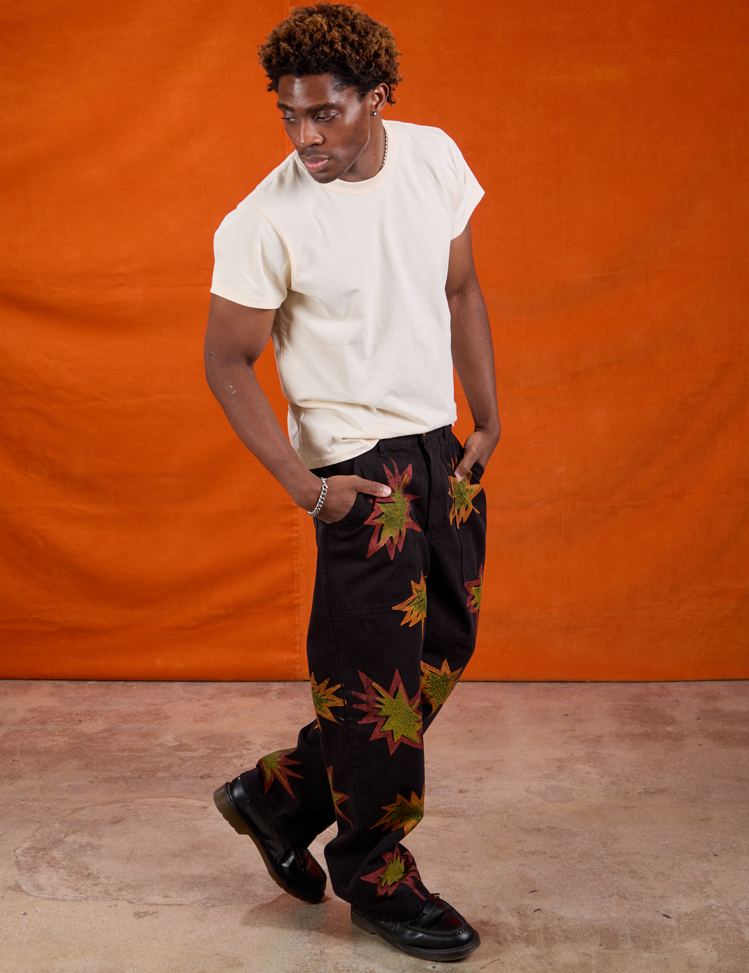 Paintstamped Work Pants in Explosion side view on Isaac