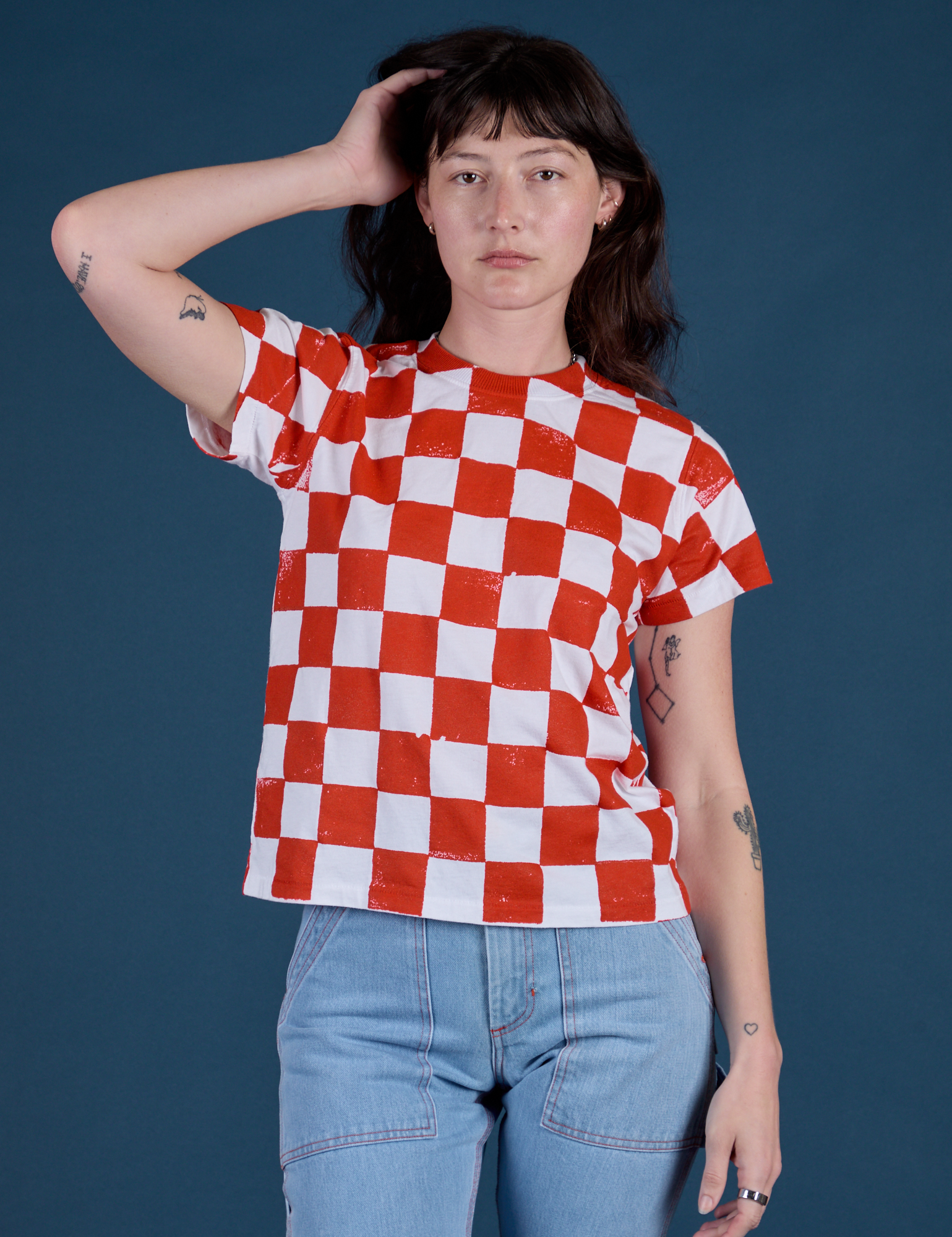 Checker Organic Tee in Red worn by Alex