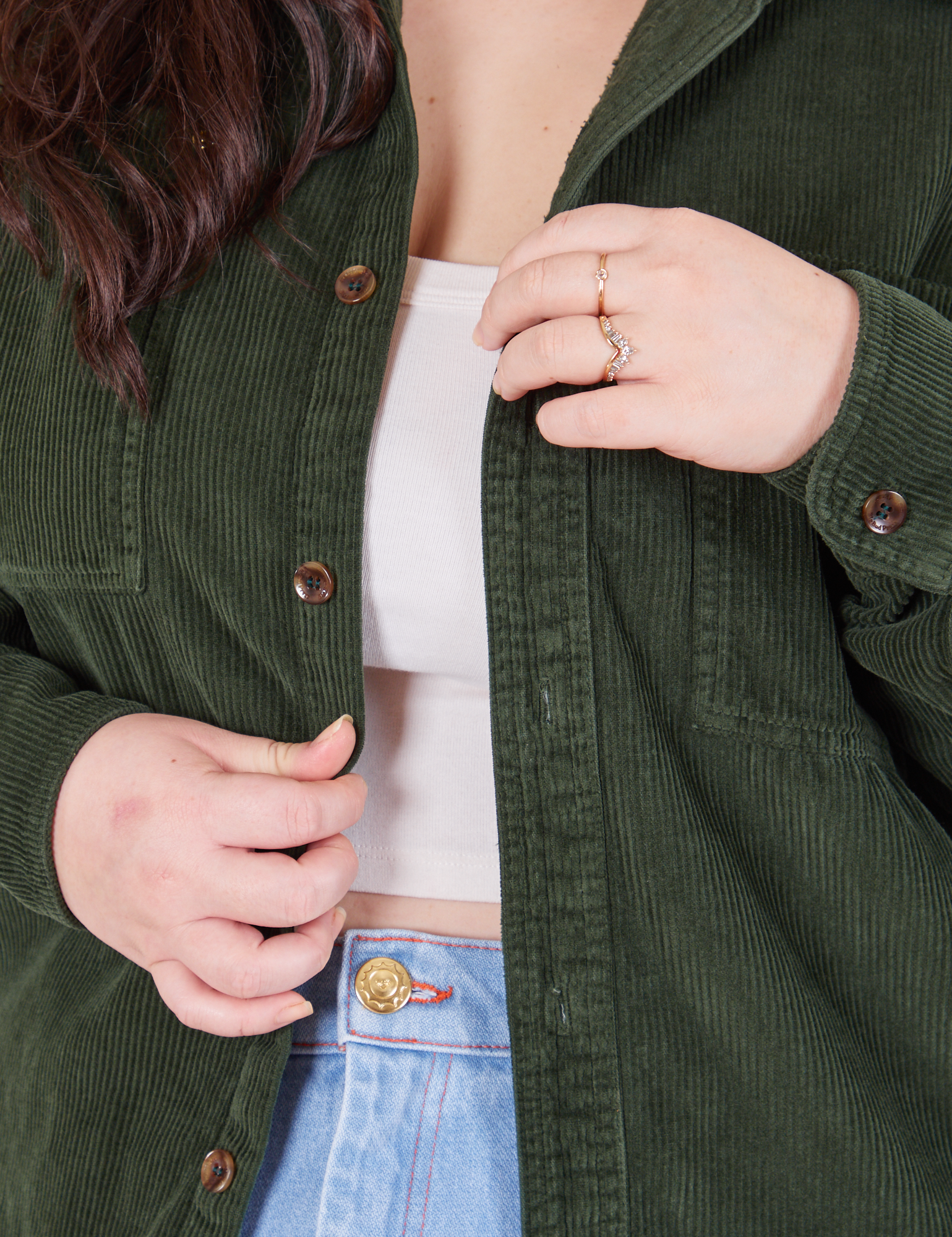 Corduroy Overshirt in Swamp Green front close up on Ashley