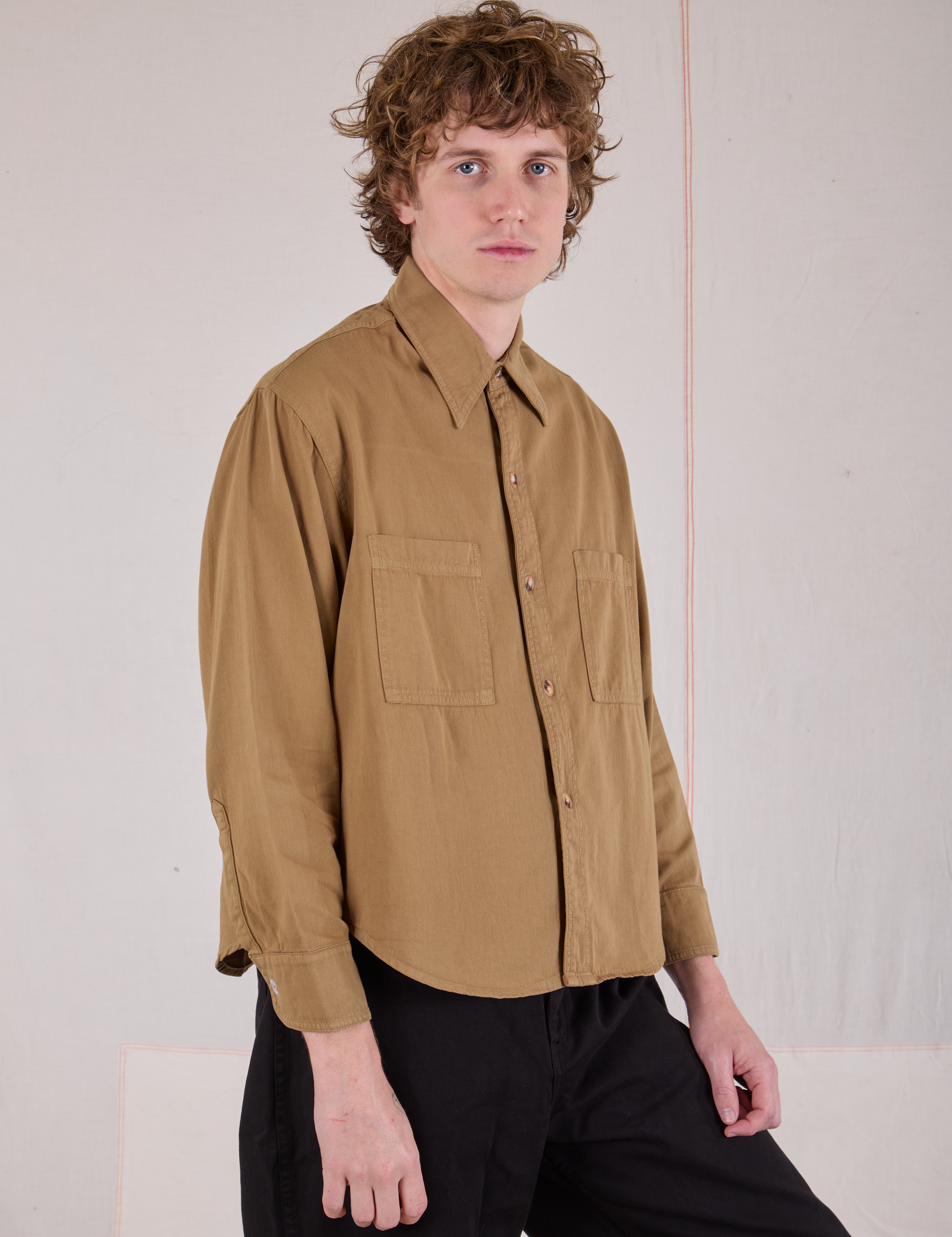 Cropped Overshirt in Desert Brown angled front view on Quinn