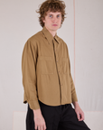 Cropped Overshirt in Desert Brown angled front view on Quinn