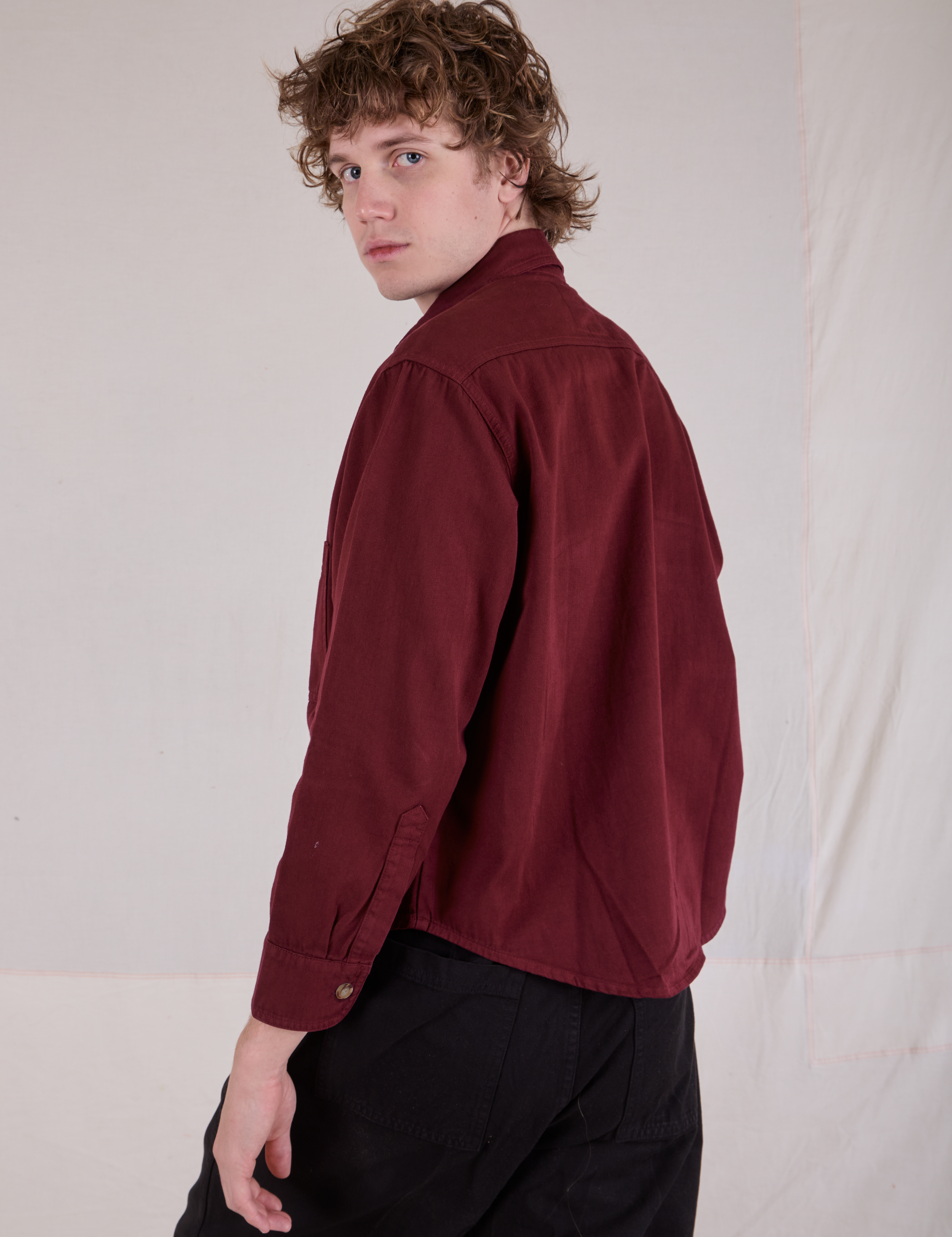 Cropped Overshirt in Red Wine angled back view on Quinn