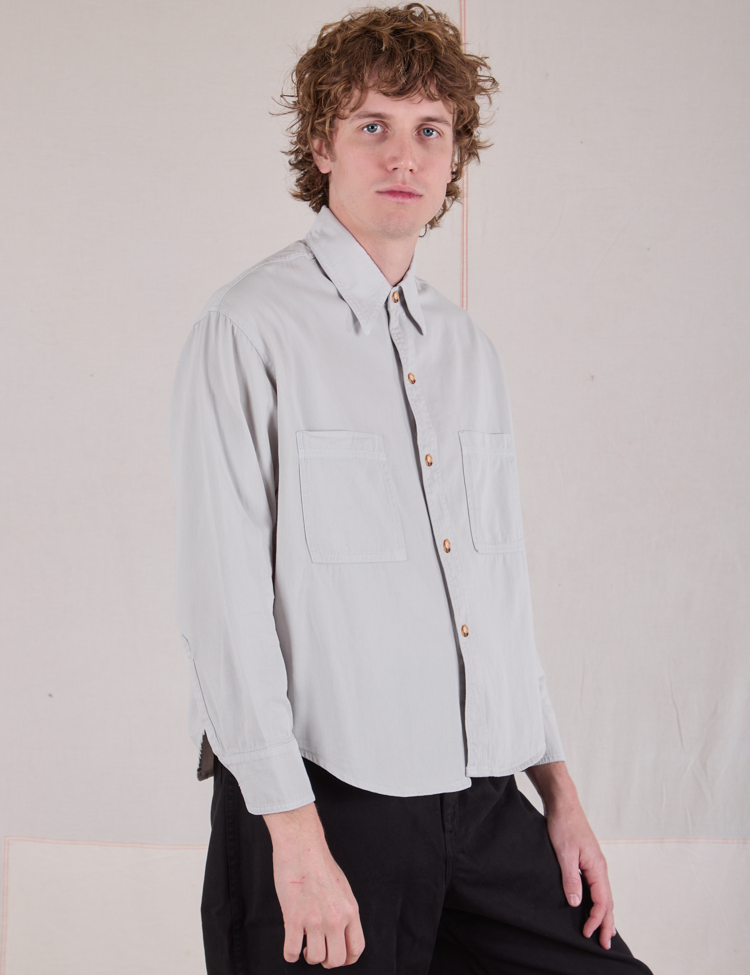 Cropped Overshirt in Stone White angled front view on Quinn