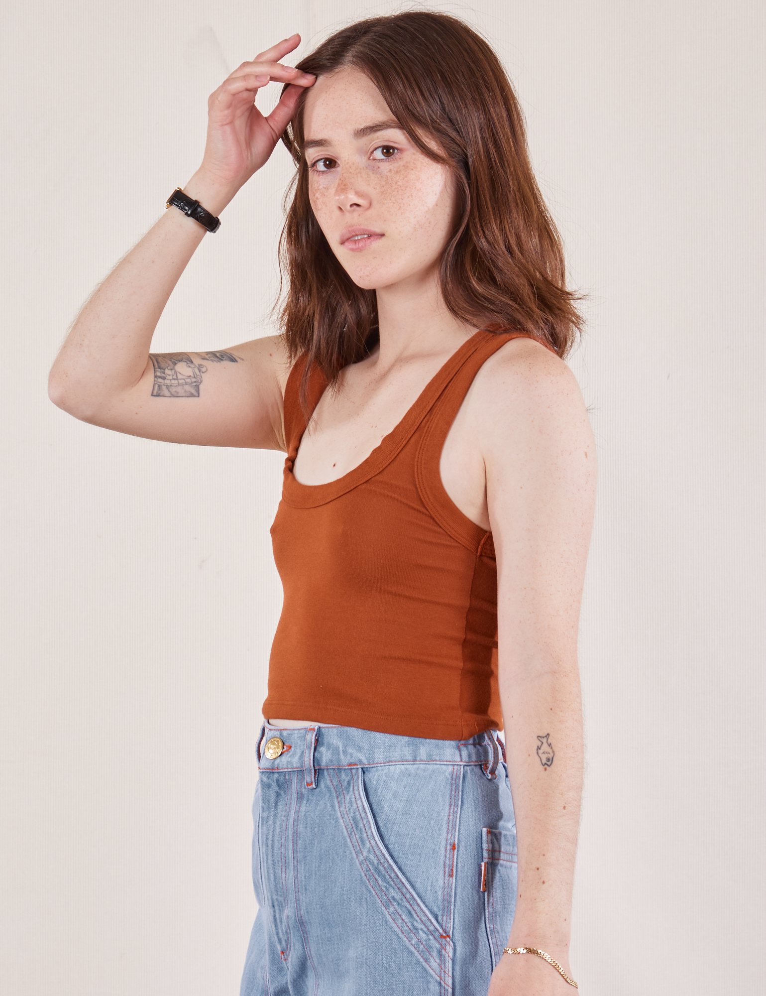 Cropped Tank Top in Burnt Terracotta side view on Hana