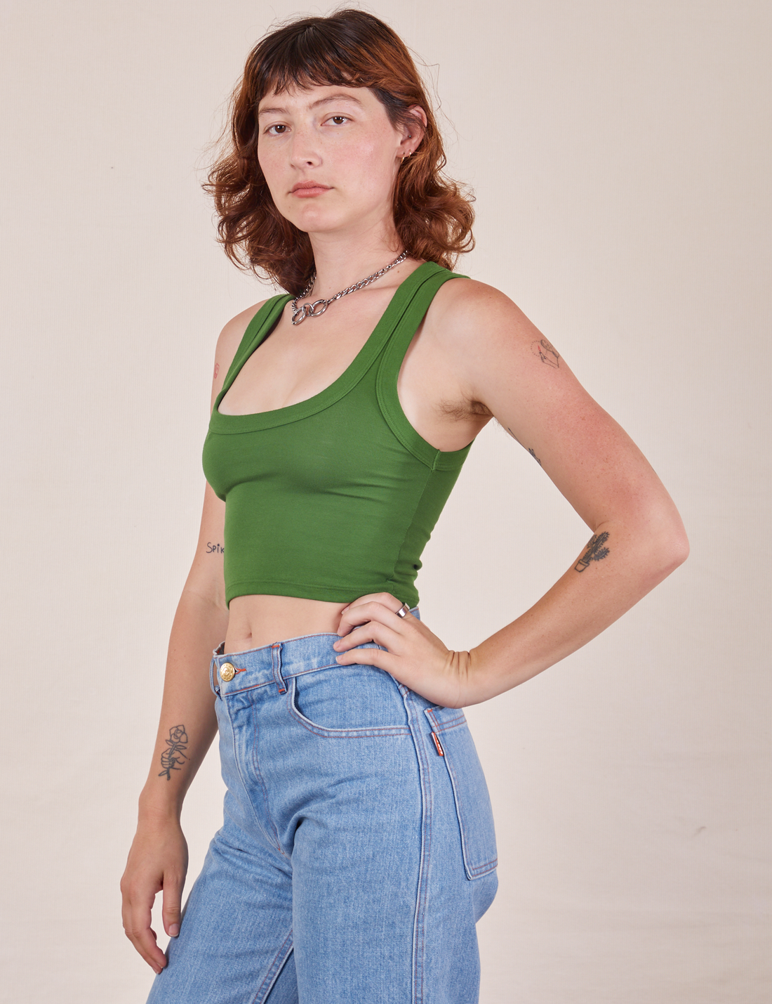 Side view of Cropped Tank Top in Lawn Green worn by Alex
