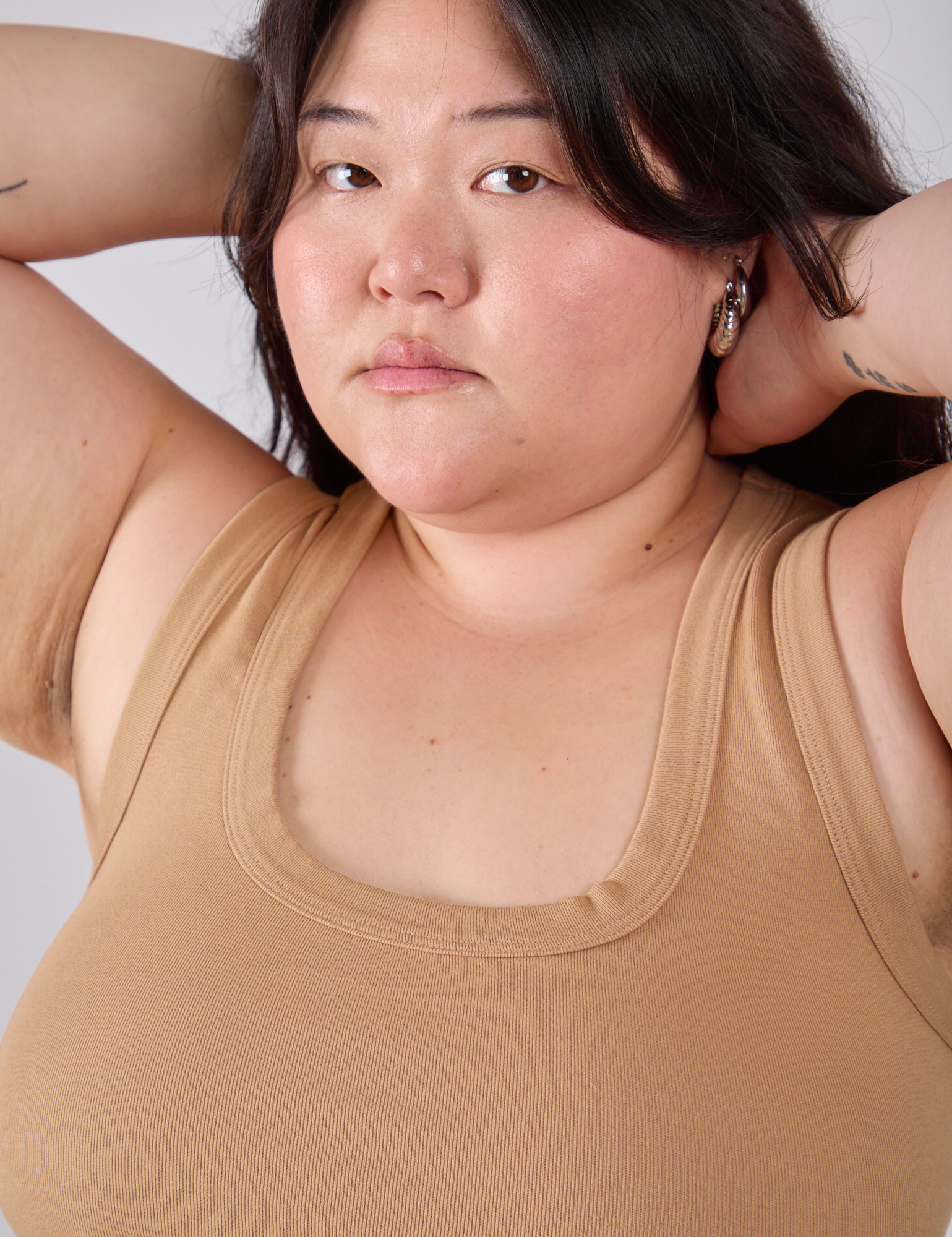 Cropped Tank Top in Tan neckline close up on Ashley