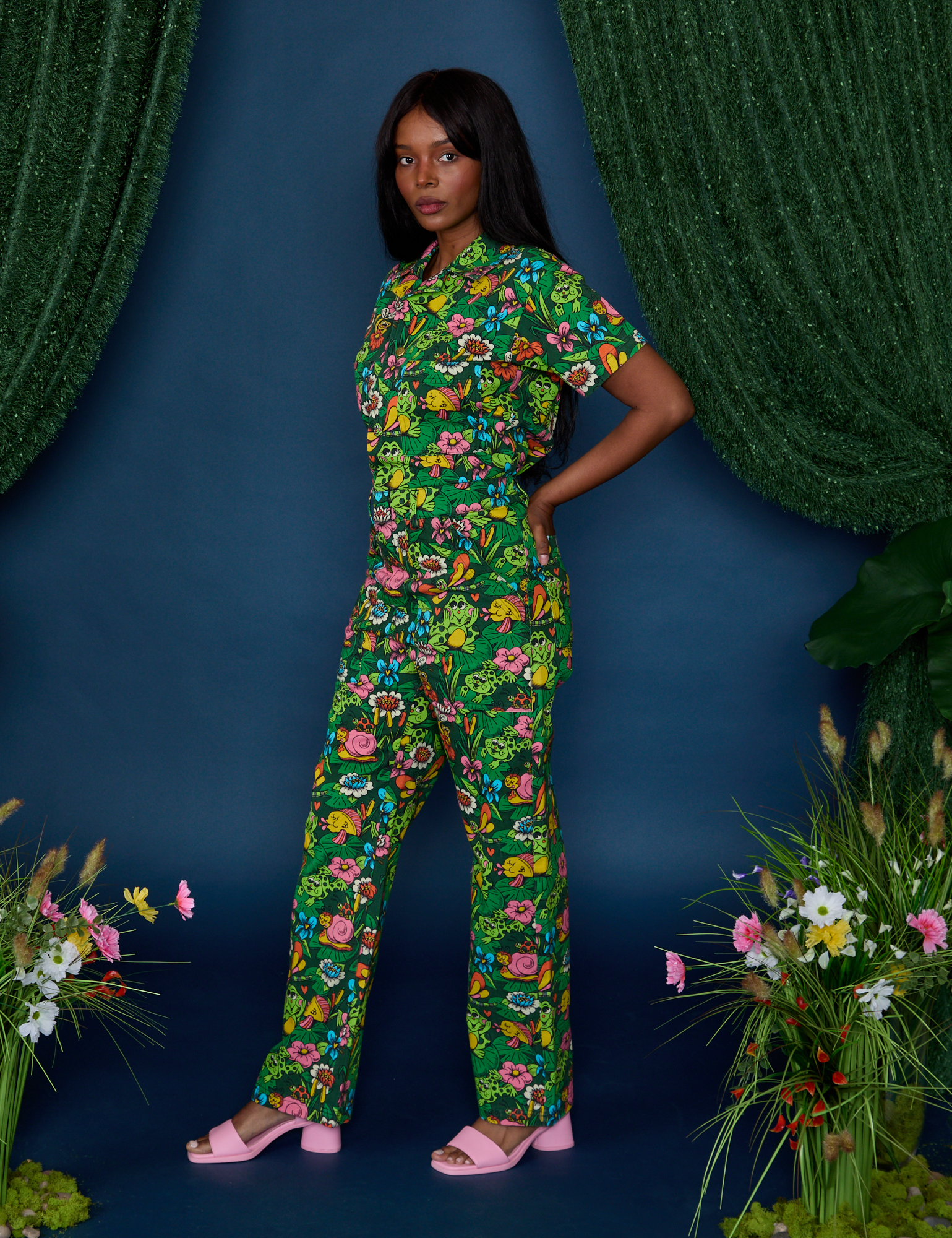 Pond Party Print Jumpsuit angled front view on Kandia