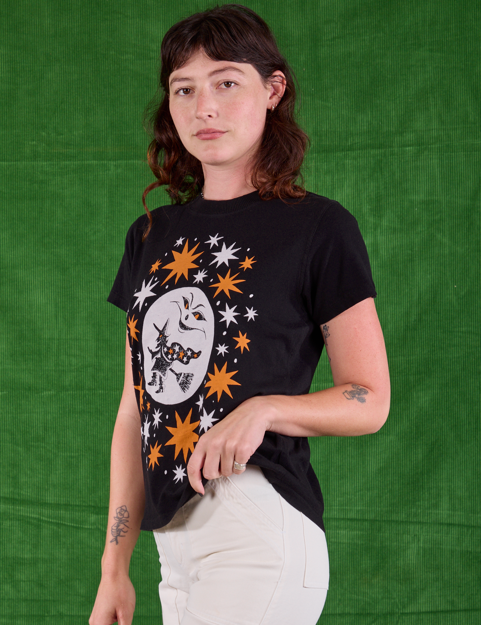 Halloween Organic Tee in Moon angled front view on Alex