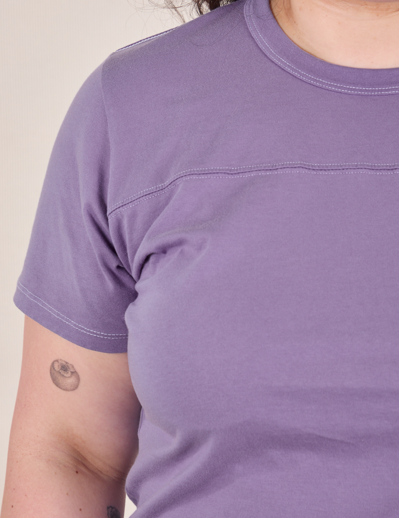 Jr. Varsity Tee in Faded Grape front close up on Ashley