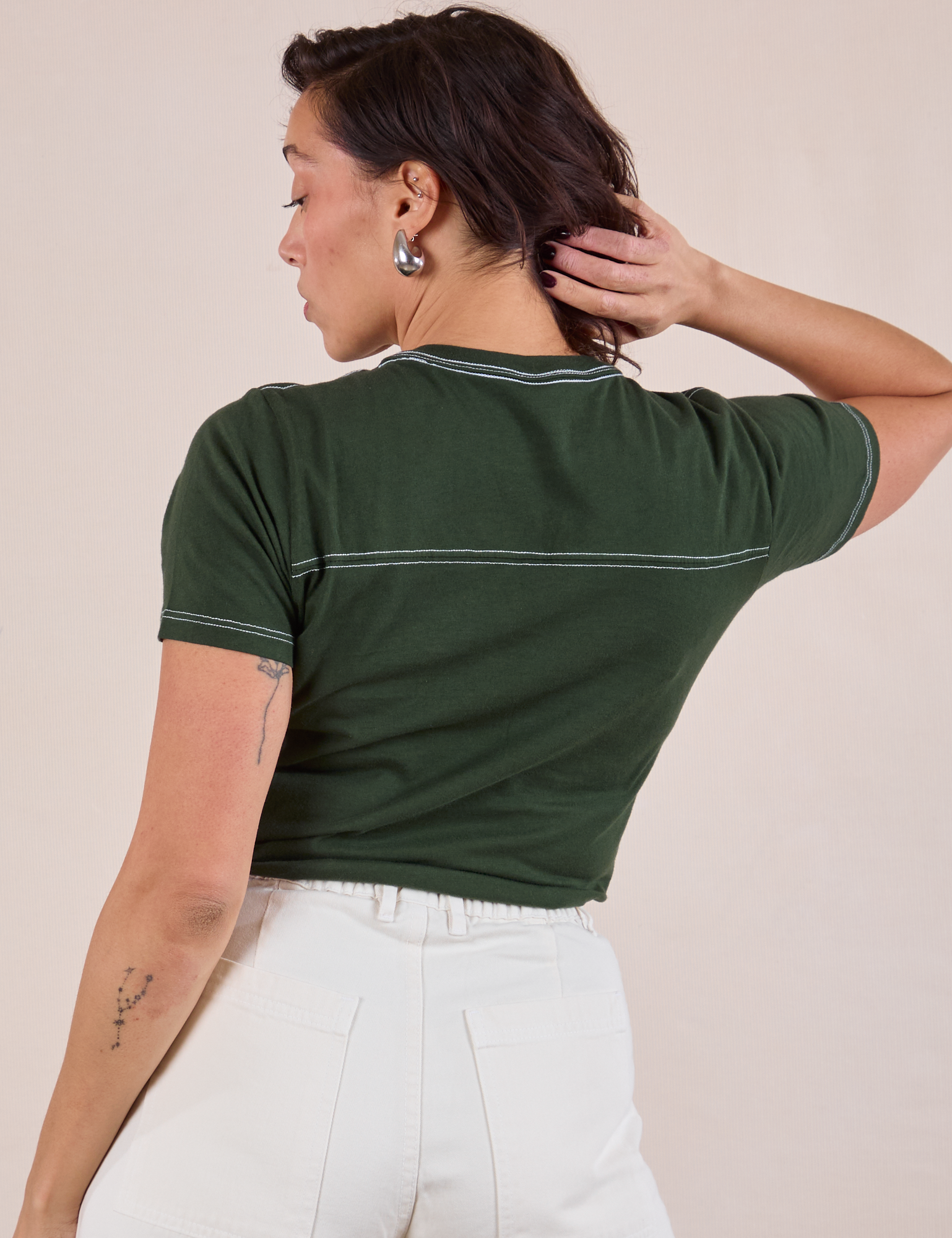 JV Tee in Swamp Green back view on Tiara