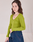 Long Sleeve V-Neck Tee in Gross Green side view on Hana