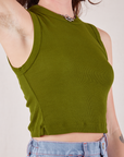 Muscle Tee in Summer Olive angled close up on Alex