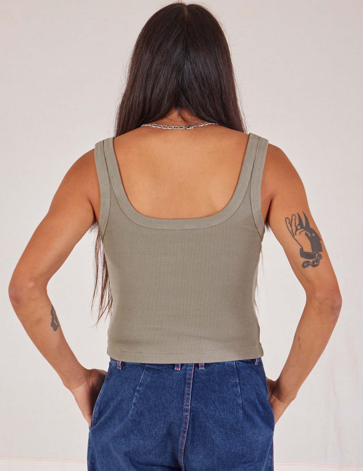 Square Neck Tank in Khaki Grey back view on Anthony