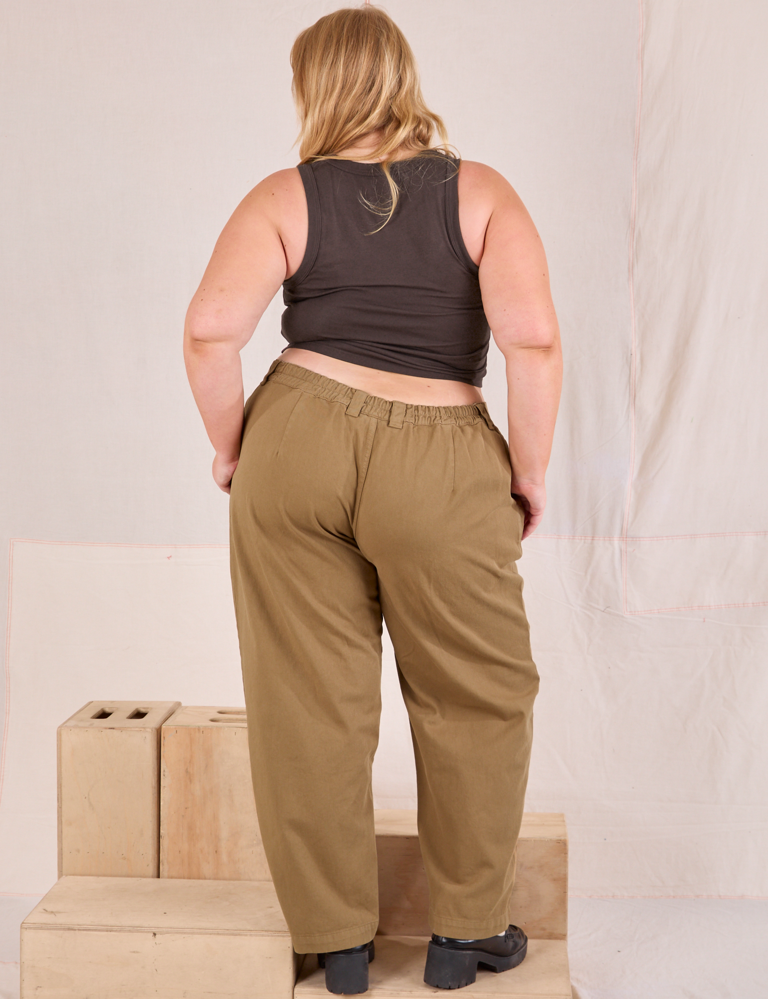 Back view of Mid-Rise Pleated Trousers in Desert Brown and espresso brown Cropped Tank in Juliet