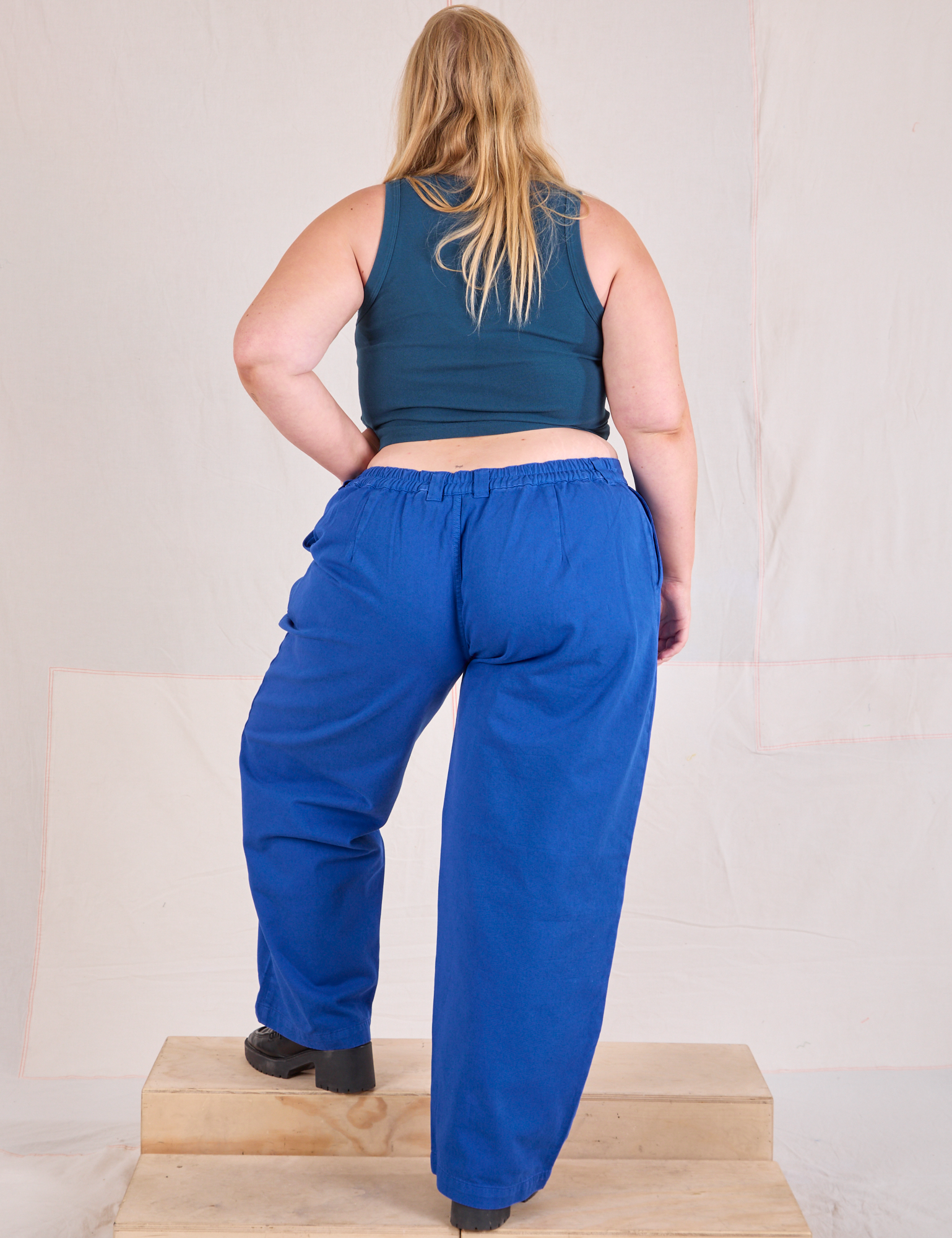 Back view of Mid-Rise Pleated Trousers in Royal Blue and lagoon Cropped Tank on Juliet