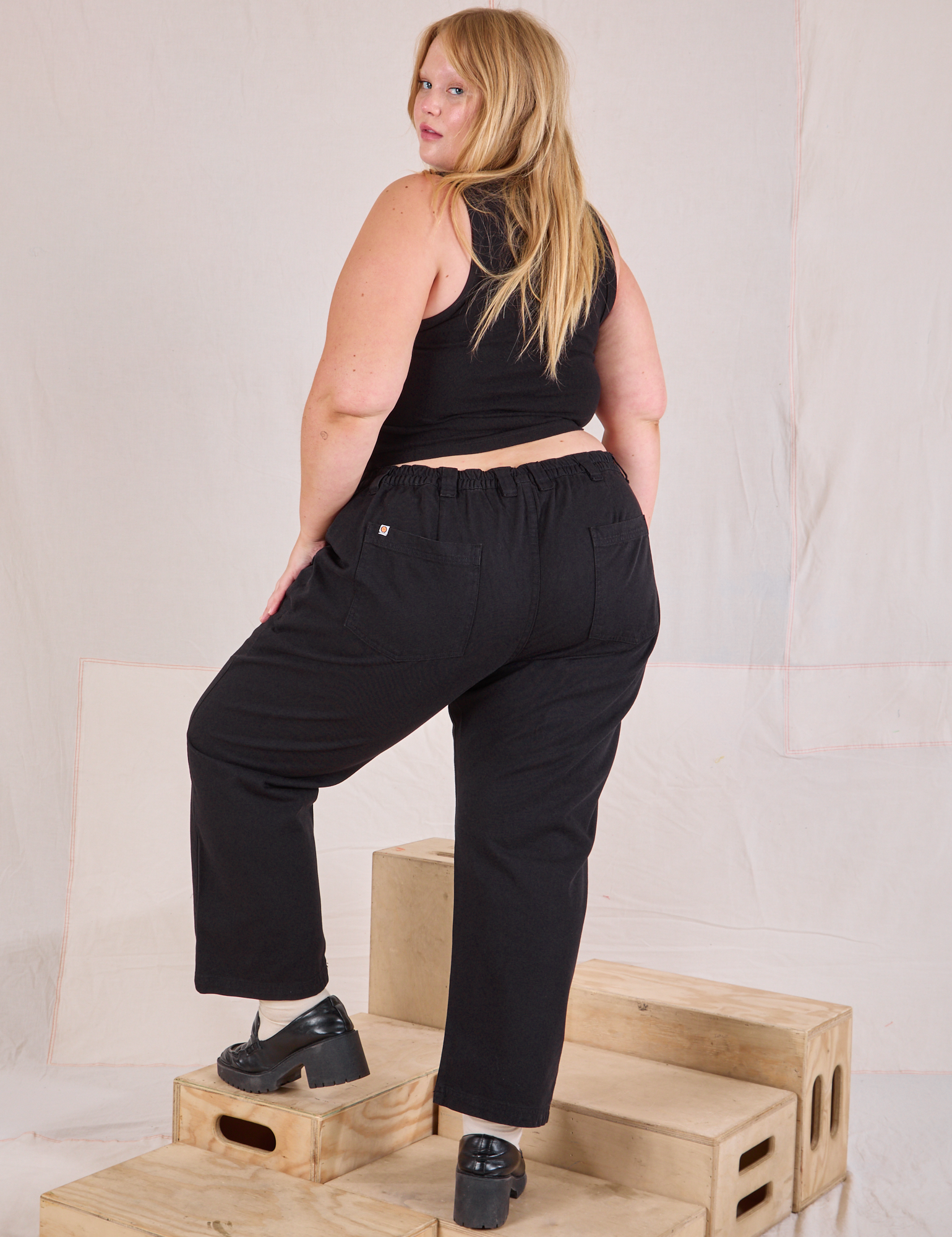 Mid-Rise Work Pants in Basic Black back view on Juliet