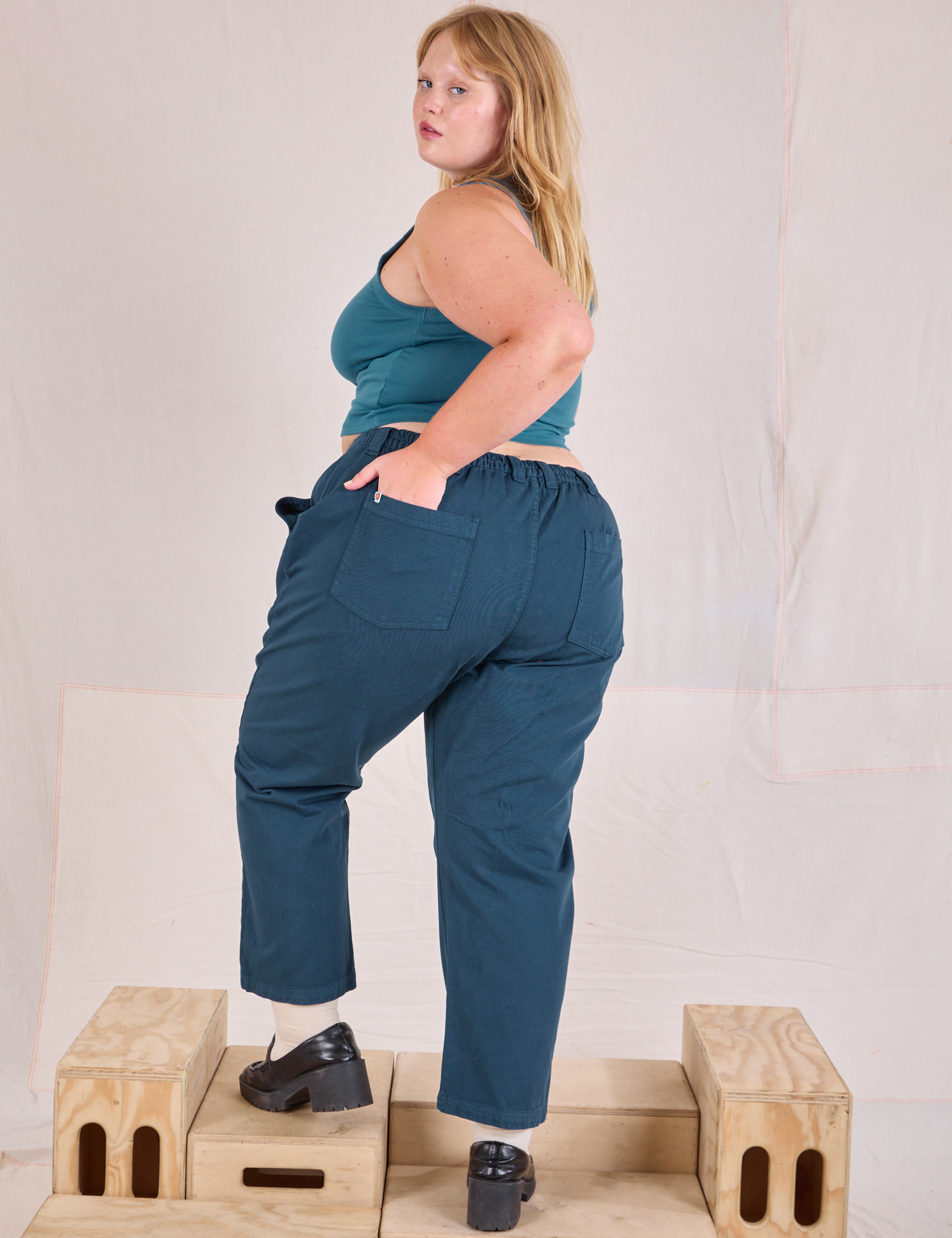 Mid-Rise Work Pants in Lagoon back view on Juliet