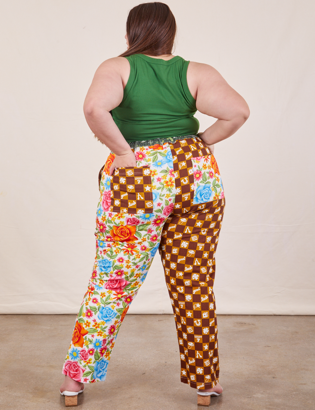 Back view of Mismatched Print Work Pants and lawn green Cropped Tank worn by Marielena