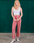 Margaret is wearing Stripe Work Pants in Cherry Candy and Cropped Tank in vintage tee off-white